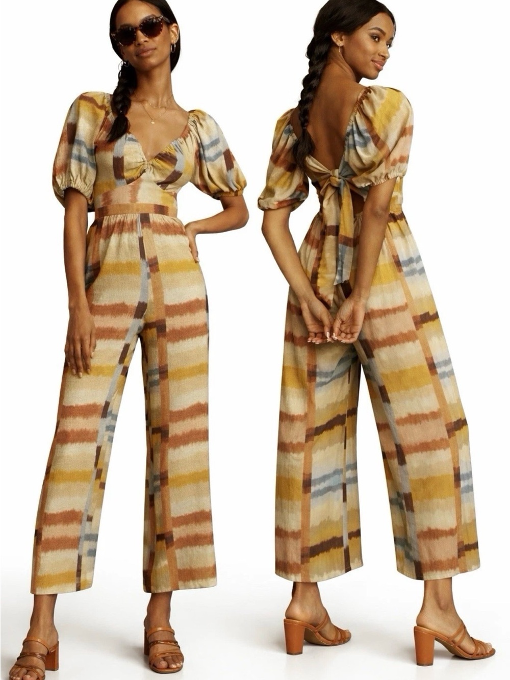 Anthro Ranna Gill Linen Jumpsuit M Boho Stripe Wide Leg Tie Back Resort